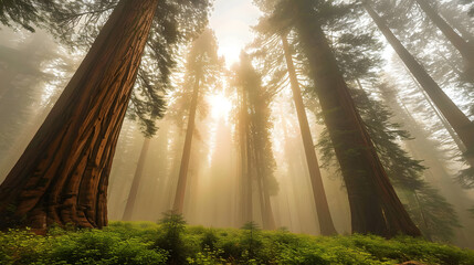 Groves of giant sequoias during foggy conditions. The towering trees shrouded in mist create a sense of ancient beauty