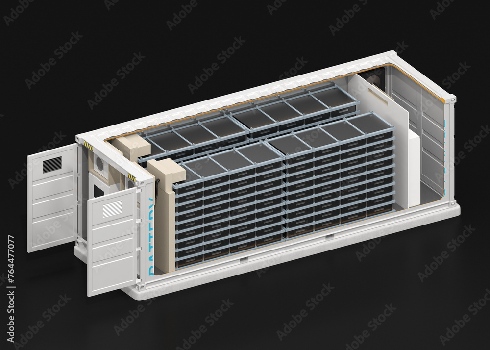 Poster isometric cutaway view of containerized battery energy storage system on black background. generic d