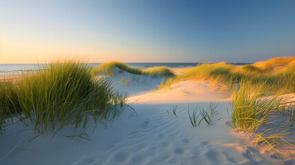 Coastal sand dunes during the dawn hours. Capture the subtle light and shadows on the undulating dunes
