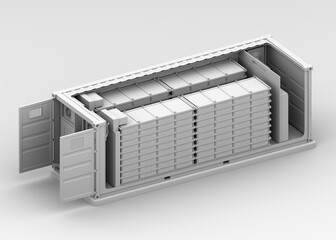 Clay rendering of Containerized Battery Energy Storage System. Isometric Cutaway view. Generic design. 3D rendering image.