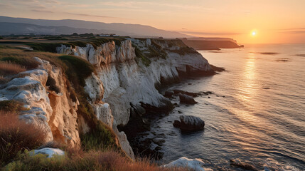 Coastal cliffs during the golden hour. The warm sunlight on the rugged terrain can create a...