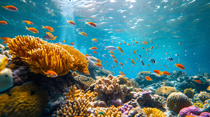 Dive into the vibrant world of coral reefs with underwater photography. Capture the myriad of colors and shapes of marine life - obrazy, fototapety, plakaty