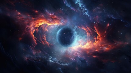 Cosmic voyage, celestial dance of space scene with swirling galaxy, nebula, and distant planet, power and energy of swirling galaxies and dark matter in space, glowing star fantastic background - obrazy, fototapety, plakaty