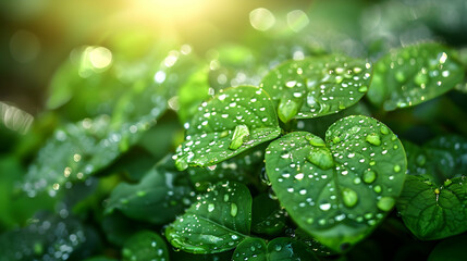 A detailed view of a green plant covered in sparkling water droplets, enhancing its vibrant color and texture. The drops of water seem to glisten under the sunlight - Powered by Adobe