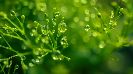 Fototapeta na wymiar A detailed view of a plant with tiny droplets of water clinging to its leaves and stems, reflecting light beautifully. The water droplets appear as small spheres