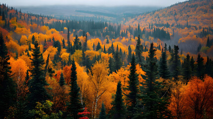 Boreal forests during the autumn season, capturing the rich colors of deciduous trees amidst the evergreen landscape