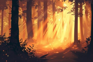 A captivating wallpaper illustration showcasing the magical ambiance of a forest during the golden hour, Generative AI