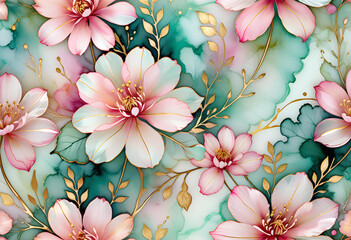 Obraz premium Golden and colorful floral watercolor texture background. spring image