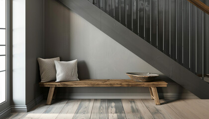 Wooden bench against grey wall and staircase. Scandinavian, rustic farmhouse interior design of modern