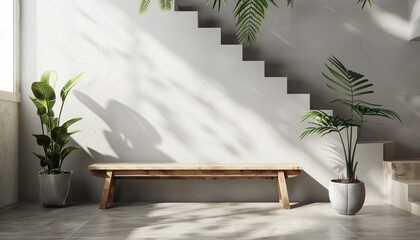Wooden bench against grey wall and staircase. Scandinavian, rustic farmhouse interior design of modern