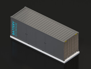 Isometric view of Containerized Battery Energy Storage System isolated on black background. Generic design. 3D rendering image.