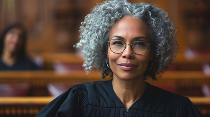 Confident female judge with gray hair in courtroom.