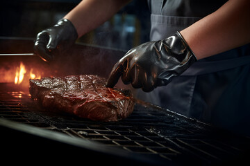 Male hands of chef wearing gloves, cooking steaks on grill with spices, in  restaurant. AI...