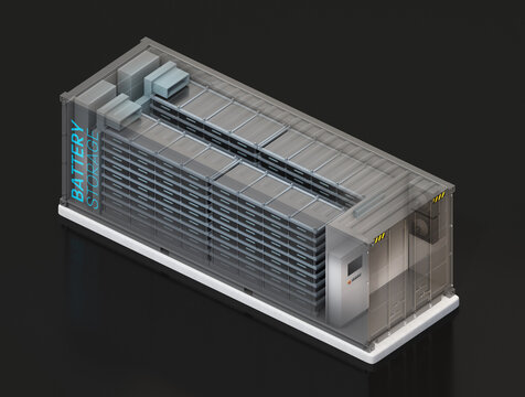 Ghost effect of Containerized Battery Energy Storage System on black background. Isometric view. Generic design. 3D rendering image.