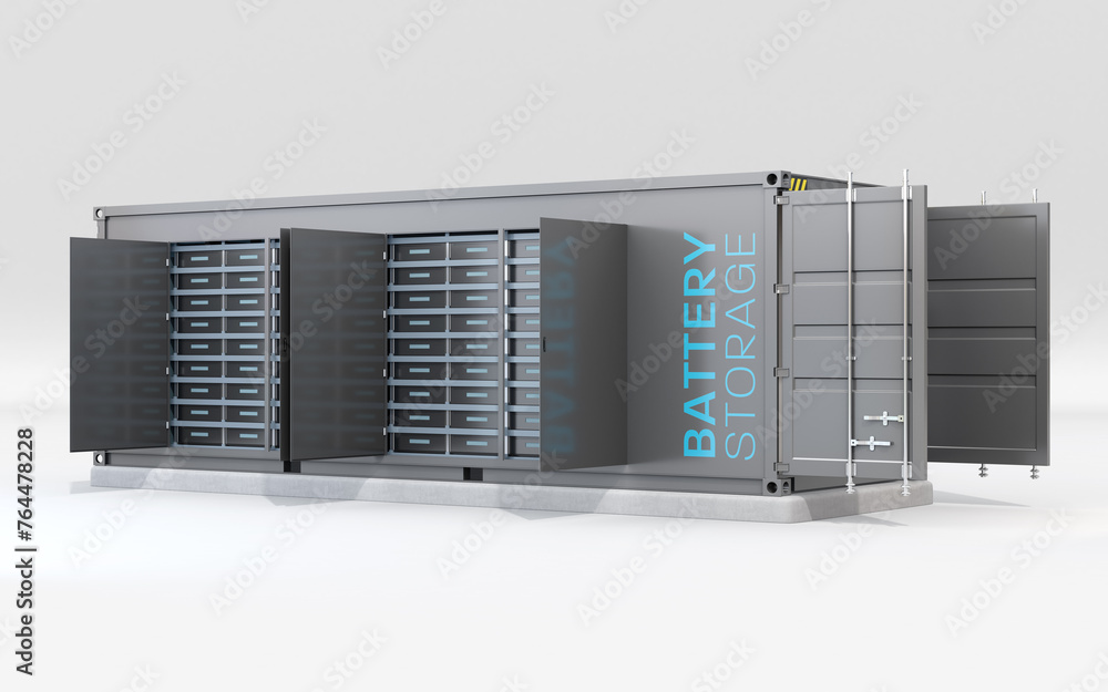 Poster containerized battery energy storage concept. doors opened. storage batteries on racks. generic desi