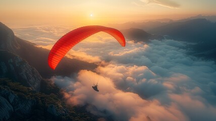 a paraglider gliding peacefully above the clouds - obrazy, fototapety, plakaty