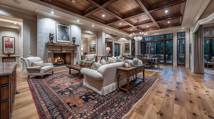 A spacious living room with a coffered ceiling, hardwood floors, and a fireplace - obrazy, fototapety, plakaty