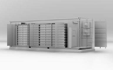 Clay rendering of Containerized Battery Energy Storage System. Ghost effect view. Generic design. 3D rendering image.