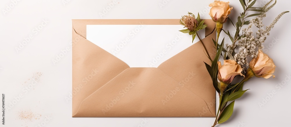 Poster a white surface holds an open envelope displaying a blank card next to vibrant flowers, creating a s