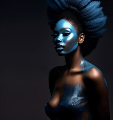 Fashion editorial Concept. Closeup portrait of stunning pretty black woman with chiseled features, blue Cobalt paint body makeup. illuminated dynamic composition dramatic lighting. copy text space