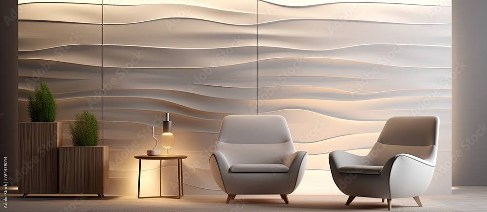 Poster a simple room featuring a chair with a wall decorated in a large wave pattern design, creating a cal