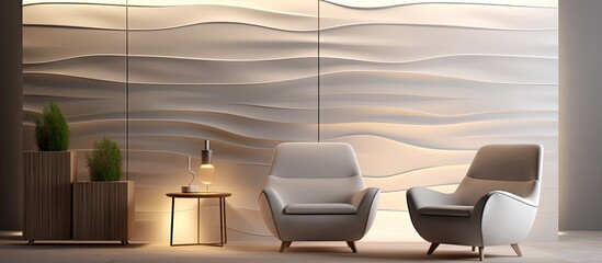 A simple room featuring a chair with a wall decorated in a large wave pattern design, creating a calming and modern atmosphere