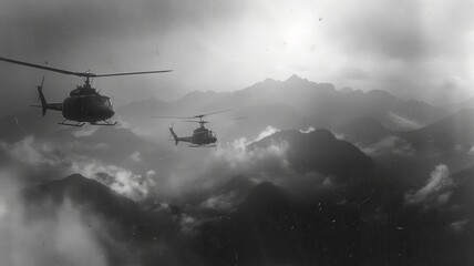 helicopters flying over the rice paddies of South Vietnam - obrazy, fototapety, plakaty