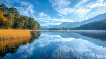 Fototapeta premium Reflections of the surrounding landscape on the calm water surface