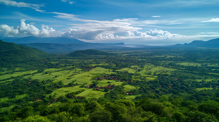 Fototapeta premium Landscapes from an elevated perspective. This could be from a hill, a tower, or any location that offers a bird's-eye view of the natural surroundings