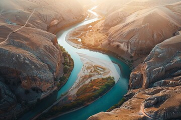 The golden hour casts a warm glow over a serene river canyon, highlighting the contrast between the...