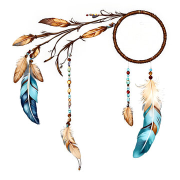 Boho chic dreamcatcher border with feathers and beads Transparent Background Images 