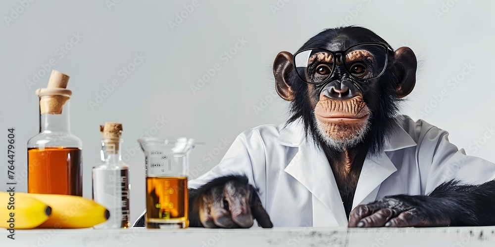 Poster innovative primate scientist conducting banana theory experiment in laboratory