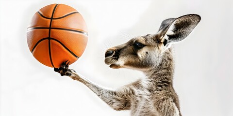 A playful and athletic kangaroo is seen dribbling and jumping with a basketball