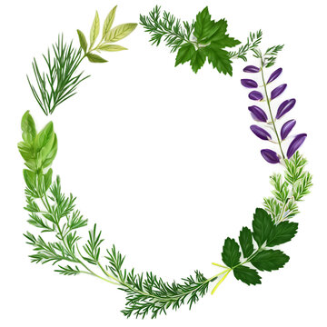 Botanical herb border with aromatic plant illustrations Transparent Background Images