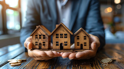 Real estate agent presenting wooden house models, concept of property investment and insurance.