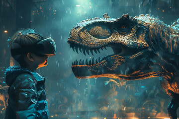 A child in VR gear stands face-to-face with a towering T-Rex, a clash of eras under the glow of...