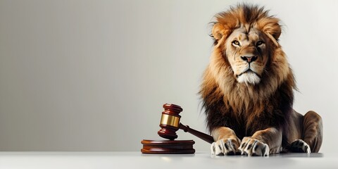 Mighty Lion Judge Wielding Gavel on Pristine White Background