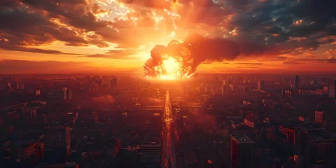 Zelfklevend Fotobehang Apocalyptic aftermath of nuclear blast wiping out city in atomic war scenario. Concept Apocalyptic aftermath, Nuclear blast, City destruction, Atomic war, Post-apocalyptic survival © Ян Заболотний