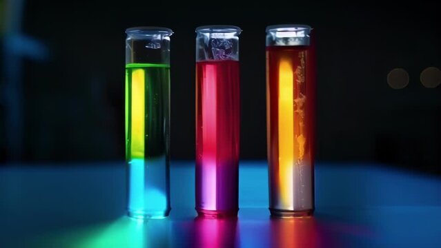 A set of three glass tubes each filled with a different type of solution and sealed at one end. When a light is shone through the tubes one solution glows brightly another