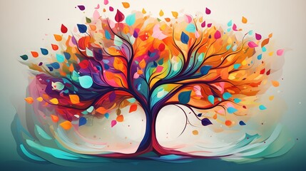 Create an elegant illustration background featuring a colorful tree with vibrant leaves and hanging branches, forming a bright and lively 3D abstraction. 