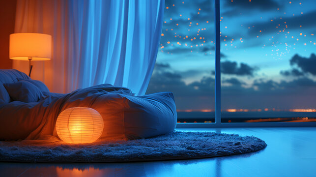 Cozy bedroom interior at night with starry sky view, warm lighting, and modern design.