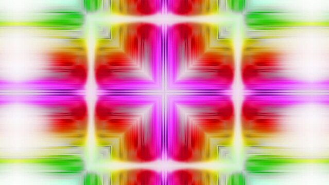 Geometrical glowing colorful pattern looping motion. Squarish bright shapes dividing, combining, enlarging, diminishing. Abstract symmetrical rectangular ornament metamorphoses.