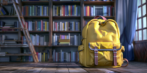  Blue school backpack with books  - obrazy, fototapety, plakaty