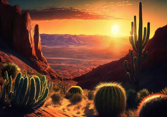 sunset over desert landscape with canyon and cactus trees relistic illustration - obrazy, fototapety, plakaty