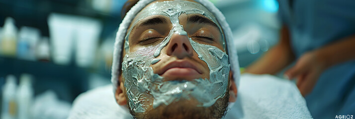 A Man Getting a Facial Mask from a Spa,
Man getting facial nourishing mask by beautician at spa salon apply face mask spa beauty treatment and skincare closeup
 - obrazy, fototapety, plakaty