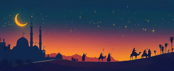 Fototapeten A mosque silhouette in the background, people on camels under one moon, a night sky with stars © khozainuz