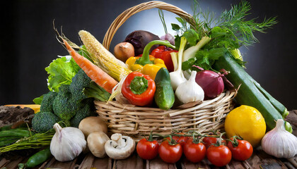 かごいっぱいの野菜。野菜の盛り合わせイメージ。美味しそうな新鮮野菜。A basket full of vegetables. Image of assorted vegetables. Delicious fresh vegetables. - obrazy, fototapety, plakaty