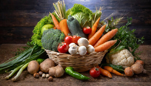 かごいっぱいの野菜。野菜の盛り合わせイメージ。美味しそうな新鮮野菜。A basket full of vegetables. Image of assorted vegetables. Delicious fresh vegetables.