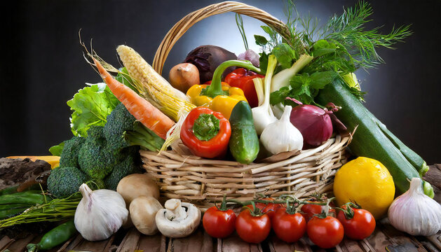 かごいっぱいの野菜。野菜の盛り合わせイメージ。美味しそうな新鮮野菜。A basket full of vegetables. Image of assorted vegetables. Delicious fresh vegetables.