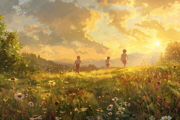  A nostalgic wallpaper illustration evoking the warmth and nostalgia of the golden hour, with children playing in a sunlit meadow, Generative AI - obrazy, fototapety, plakaty